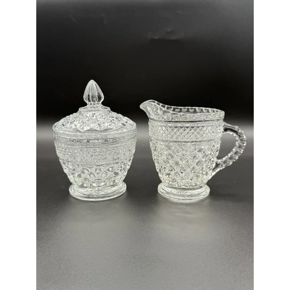 Vintage Pressed Glass Creamer & Sugar Bowl Set Diamond Point Pattern